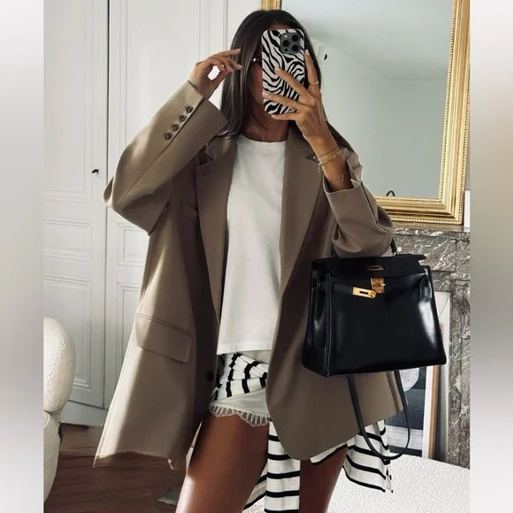 The Frankie Shop oversized wool blazer brown mushroom taupe - Picture 1 of 12